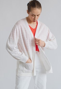Vintage Oversized Button Up Sheer Knit Cardigan in White M