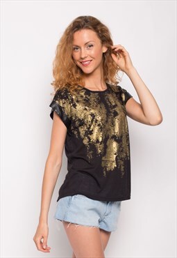 Summer Short Sleeve T-Shirt with Gold Print Effect in Black
