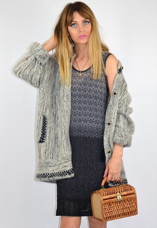 VINTAGE MOHAIR BLEND GREY OVERSIZED KNITTED CARDGIAN