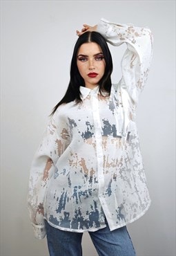 Sheer shirt white transparent blouse long sleeve mesh top