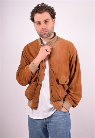 MENS VINTAGE FAUX LEATHER JACKET LARGE BROWN 90S