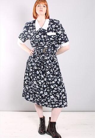 VINTAGE 80S FLORAL BELTED PLEATED SHIRT MIDI DRESS