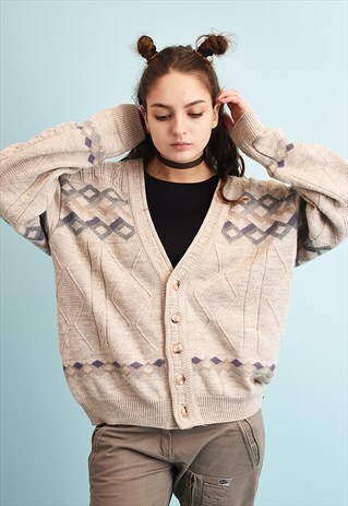 90'S RETRO NEUTRAL OVERSIZED JAZZY GRANDADS KNIT CARDIGAN
