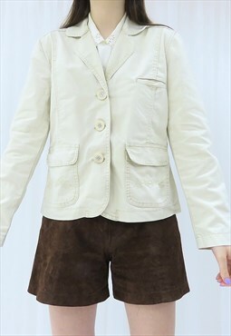90s Vintage Cream Floral Embroidered Denim Jacket (Size S)