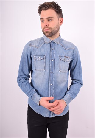 DIESEL MENS VINTAGE DENIM SHIRT MEDIUM BLUE 90'S