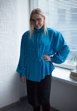VINTAGE 80'S BRIGHT BLUE HIGH COLLAR BLOUSE