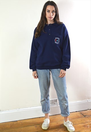 1990S VINTAGE NAVY 1/4 BUTTON WORLD SPORTS SWEATSHIRT
