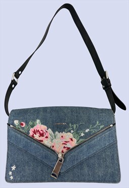 Blue Denim Look Floral Embroidered Leather Shoulder Bag