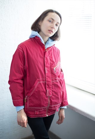 VINTAGE Y2K HIGH COLLAR WINDBREAKER JACKET IN RED