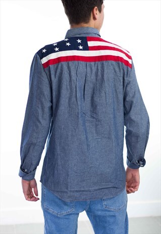 VINTAGE TOMMY HILFIGER LOGO AMERICAN FLAG PRINT 90S L 10.9