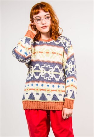 VINTAGE 70'S PASTEL AZTEC PATTERN KNIT JUMPER