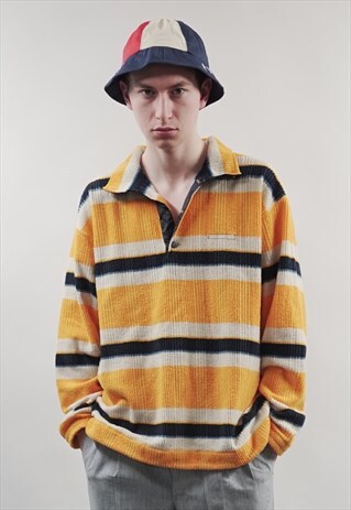 VINTAGE 80'S STRIPE YELLOW RIB FLANNEL POLO SWEATER