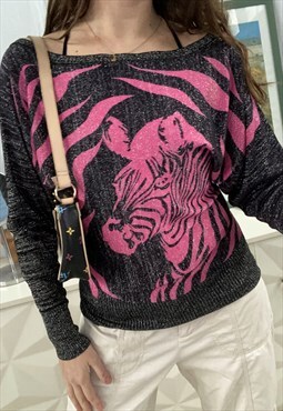 Vintage 90s Zebra sparkling knit batwing jumper sweater