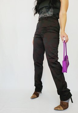 90s retro black red ornamented wet look straight pants