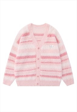 Horizontal stripe cardigan knitted jumper fluffy fleece top