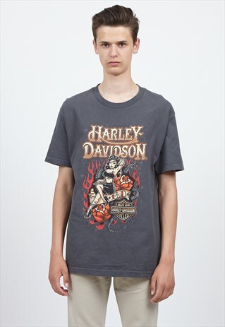90S VINTAGE GREY HARLEY-DAVIDSON LOGO CREW NECK T-SHIRT