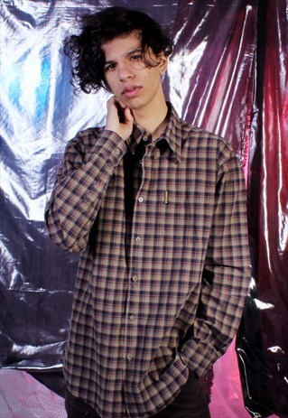 VINTAGE ARMANI JEANS TAN AND NAVY PLAID SHIRT