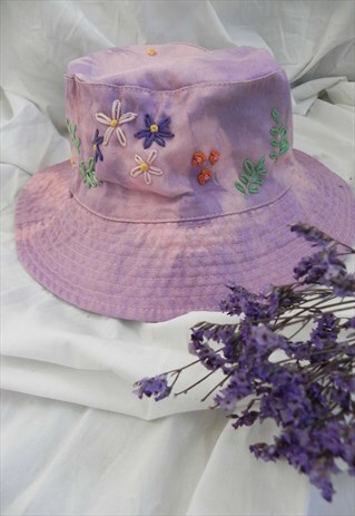 REWORKED LILAC TIE DYE FLORAL HAND EMBROIDERY BUCKET HAT