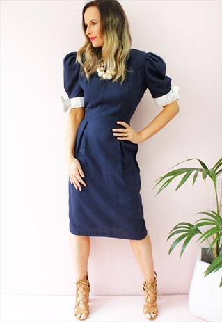 VINTAGE 80'S NAVY BALLOON BOW SLEEVE MIDI DRESS