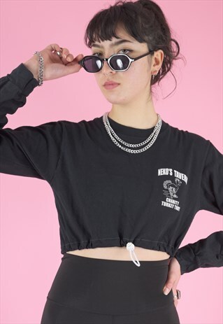 VINTAGE 90S REWORKED CROP TOP IN BLACK WITH TURKEY PRINT