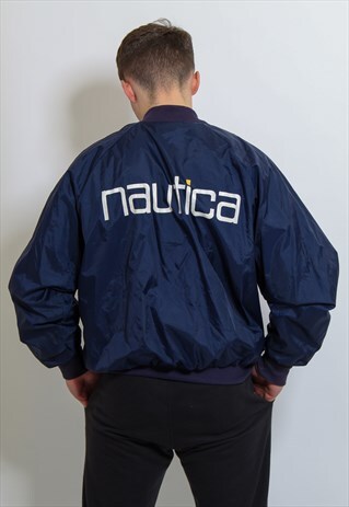 VINTAGE NAUTICA WINDBREAKER BACK LOGO BOMBER JACKET IN BLUE