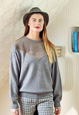 Grey knitted vintage jumper with corduroy detail
