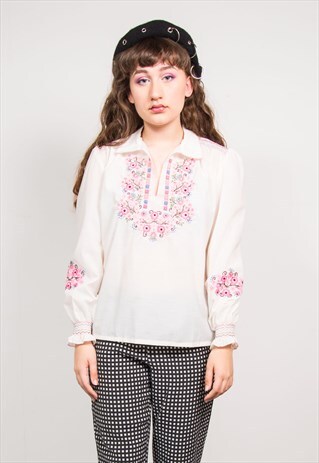 VINTAGE 70'S WHITE PINK FLORAL EMBROIDED SHIRT BLOUSE