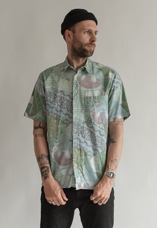 VINTAGE 80S FESTIVAL BOHO SHIRT IN GREEN PATTERN