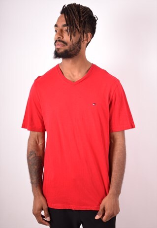 TOMMY HILFIGER MENS VINTAGE T-SHIRT TOP LARGE RED 90S