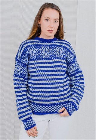 BLUE NORWEGIAN SWEATER VINTAGE ZIPPER ON THE SHOULDER NORDIC