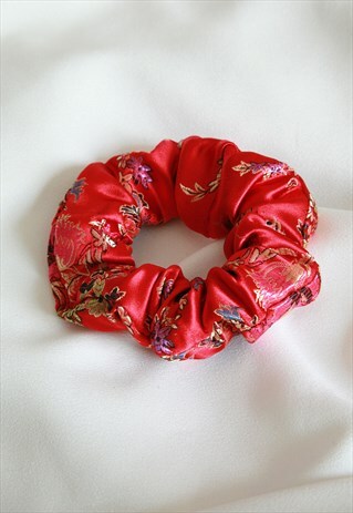 RED ORIENTAL SATIN HAIR SCRUNCHIE