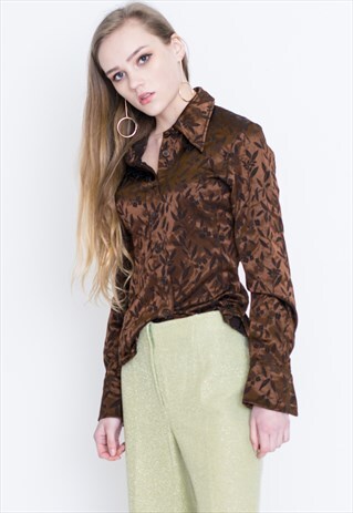 VINTAGE BROWN FLORAL SILK LONG SLEEVE RETRO SHIRT