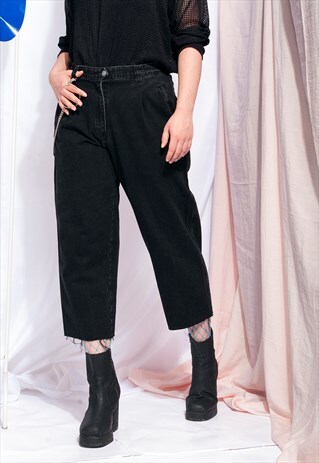 VINTAGE BLACK JEANS CROPPED HIGH-WAISTED FRAYED HEM DENIM