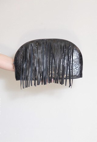 VINTAGE 1980'S LARGE BLACK FRINGED NICKOL CLUTCH BAG