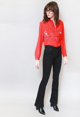 VINTAGE 1970'S RED & BLACK HIGH COLLAR EASTERN BLOUSE