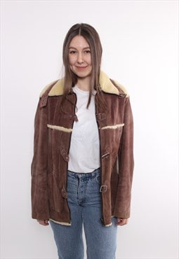 Vintage 90s leather jacket, brown suede sherpa, woman 