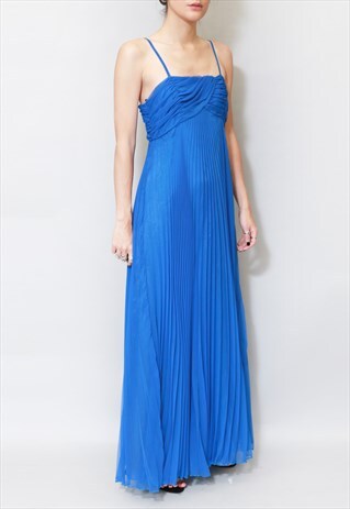 VINTAGE 1970'S BLUE PLEATED FLOATY SHEER MAXI DRESS