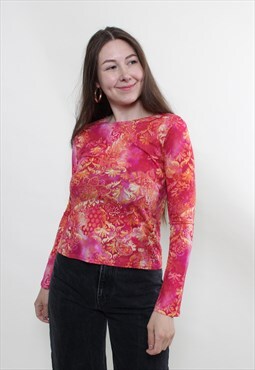 Y2k crop top, floral sheer blouse, long sleeve pink top