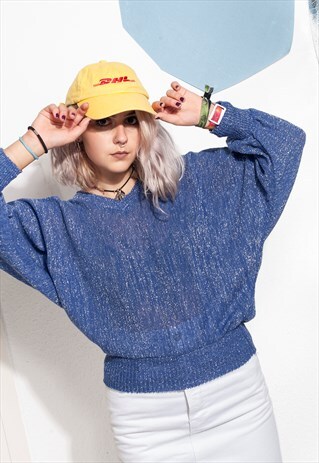VINTAGE JUMPER 80S METALLIC KNIT SWEATER IN PURPLE BLUE