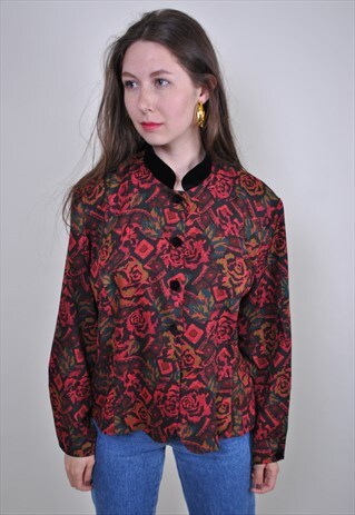 70S BOHO ROSES PRINT BUTTONS SHIRT, SIZE L