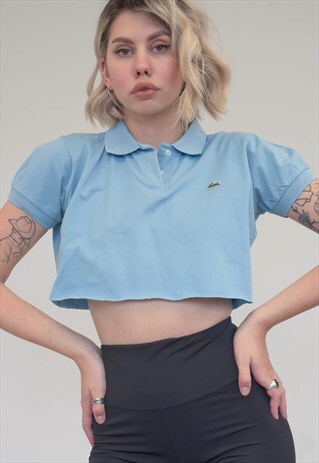 VINTAGE REWORKED LACOSTE CROP TOP POLO SHIRT IN BLUE