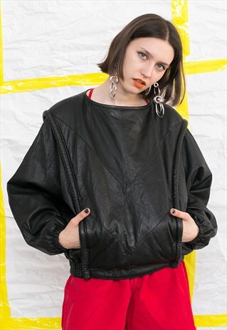 VINTAGE 90S BLACK FAUX LEATHER GRUNGE PULLOVER
