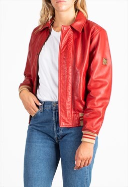 Women's Belstaff Red Leather Checked Lining Varsity Jacket