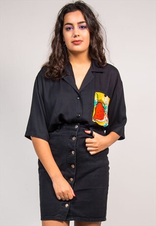 VINTAGE 90'S BLACK ABSTRACT DETAIL OPEN COLLAR SHIRT