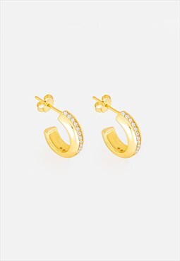 Women's Thick Huggie Hoop Earrings With Stones - Gold