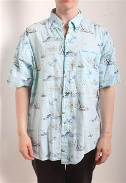 Vintage 90's Oversize Crazy Patterned Hawaiian Shirt Blue