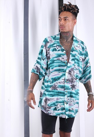 VINTAGE 90S BLUE HAWAIIAN PRINT SILK SHIRT. UNISEX FESTIVAL