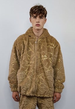 Golden fleece jacket detachable fluffy metallic bomber brown
