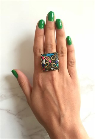 STATEMENT SQUARE RING BOHEMIAN MULTICOLOUR MOSAIC HANDMADE