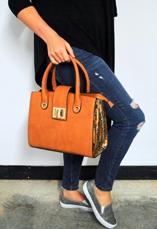 TAN BRONZE FAUX SNAKESKIN TOTE BAG WITH GOLD LOCK